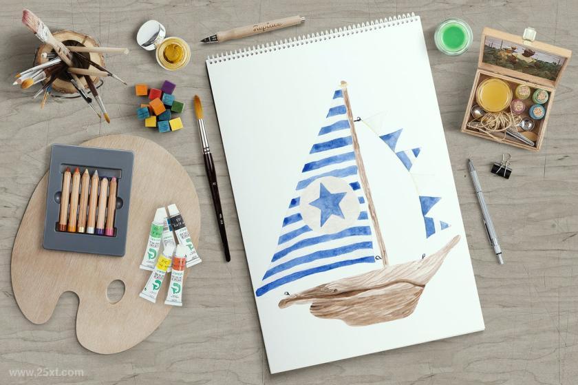 25xt-160411 WatercolorNauticalClipartandseamlesspatternsz6.jpg